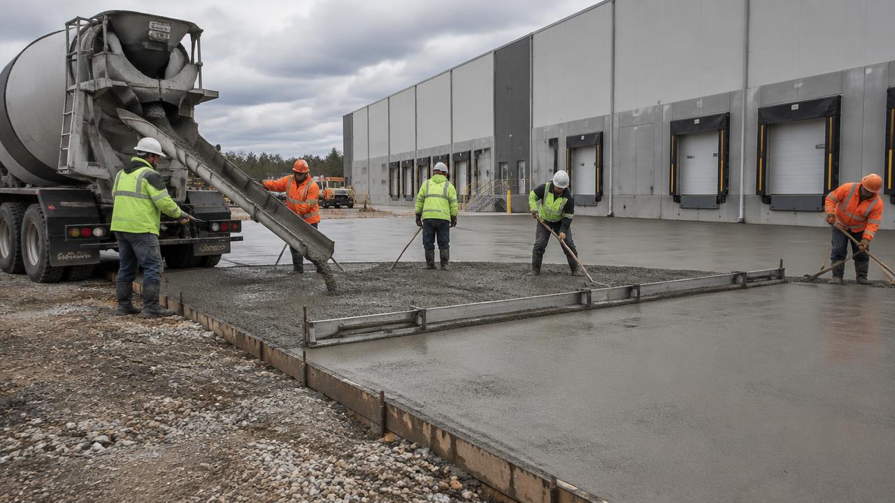A construction crew finishing a concrete pour.
