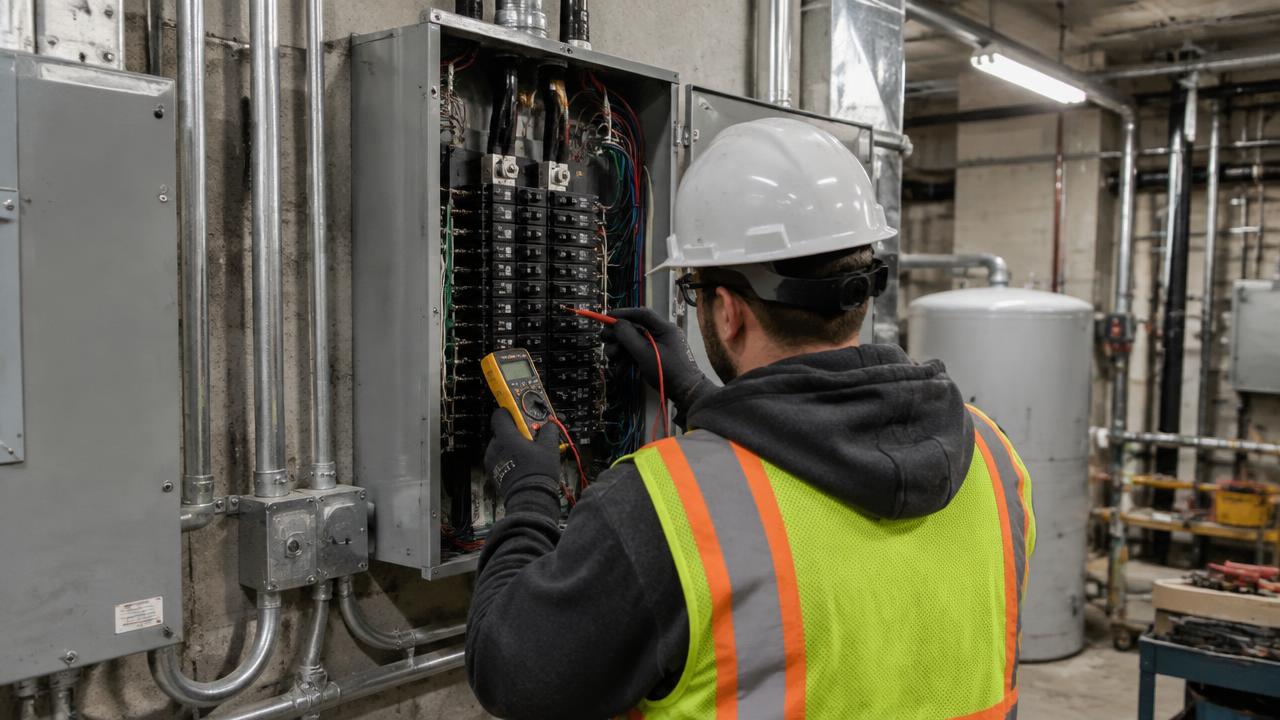 An electrician working inside a commercial electrical panel.