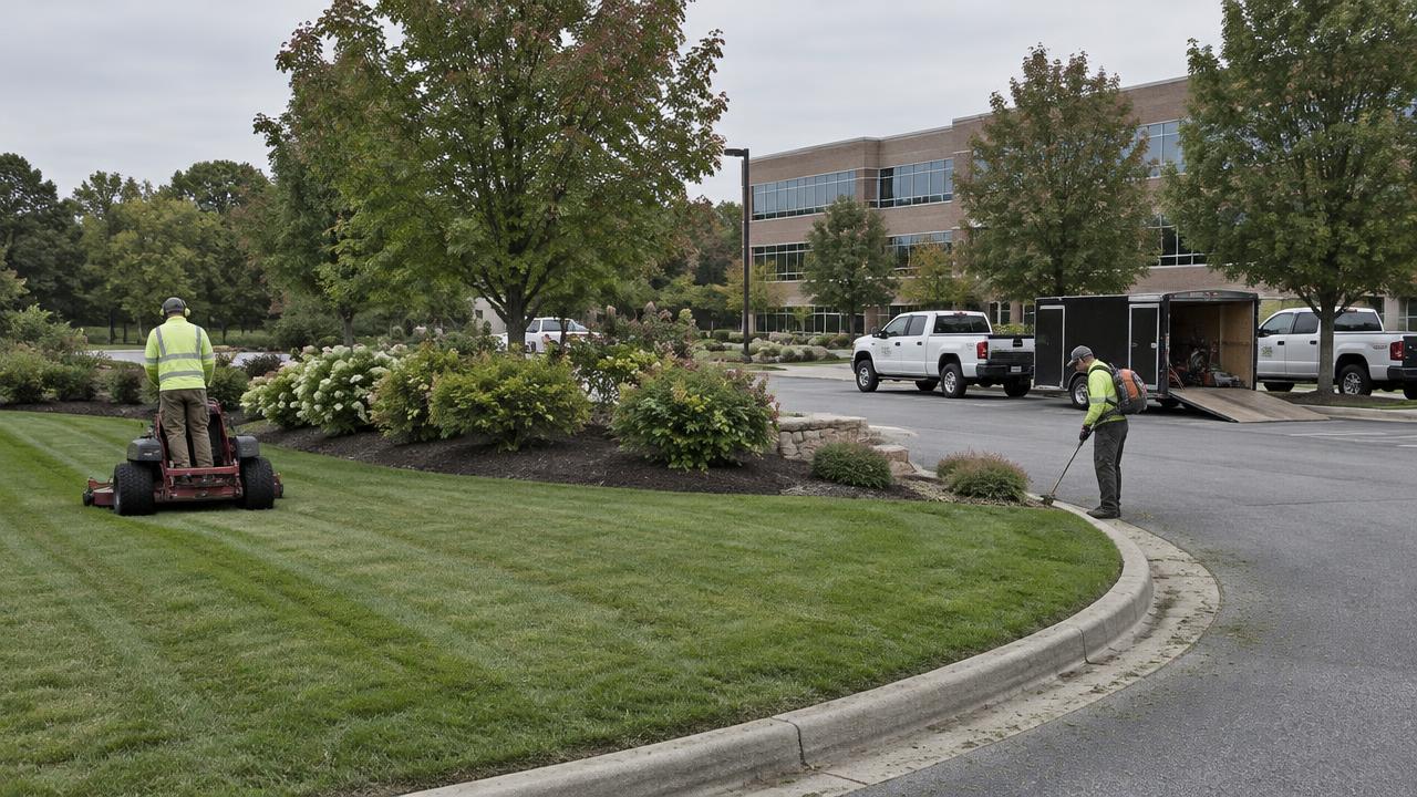 A landscaping crew maintaining the grounds of a commercial property.