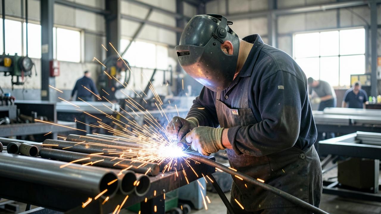 A welder at work in a fabrication shop.