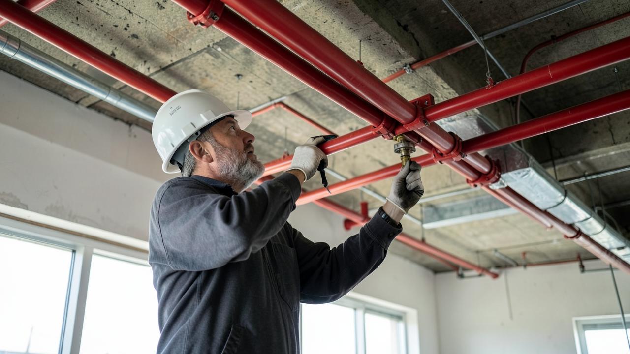 A technician installing fire sprinkler piping in a commercial building.
