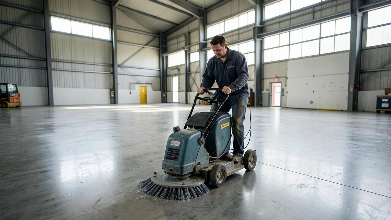A worker running a floor machine in a commercial building.
