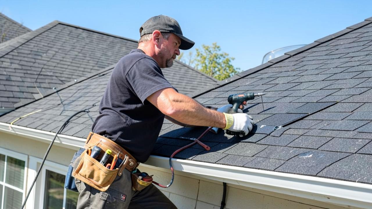 Roofers installing shingles on a residential roof.