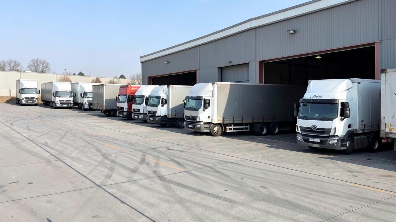 Trucks lined up at a loading dock.
