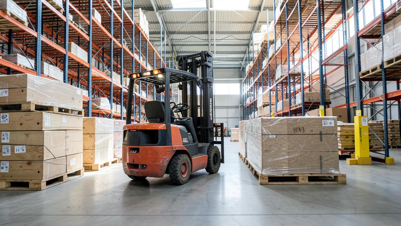 A forklift moving pallets in a distribution warehouse.